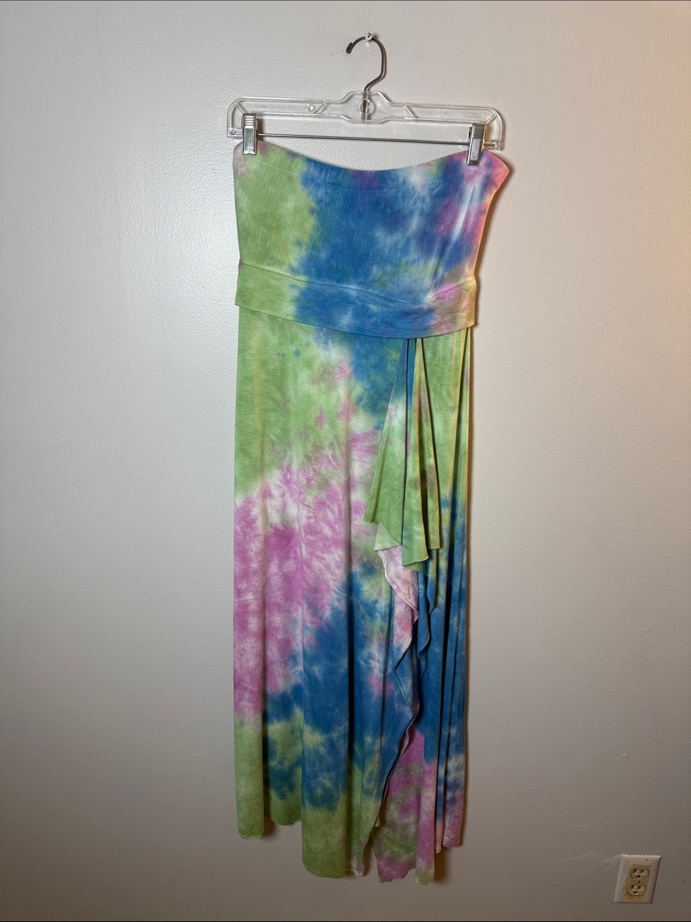 Lucky Brand Tie-Dye Strapless Maxi Dress in Pastel Green, Blue & Pink Large